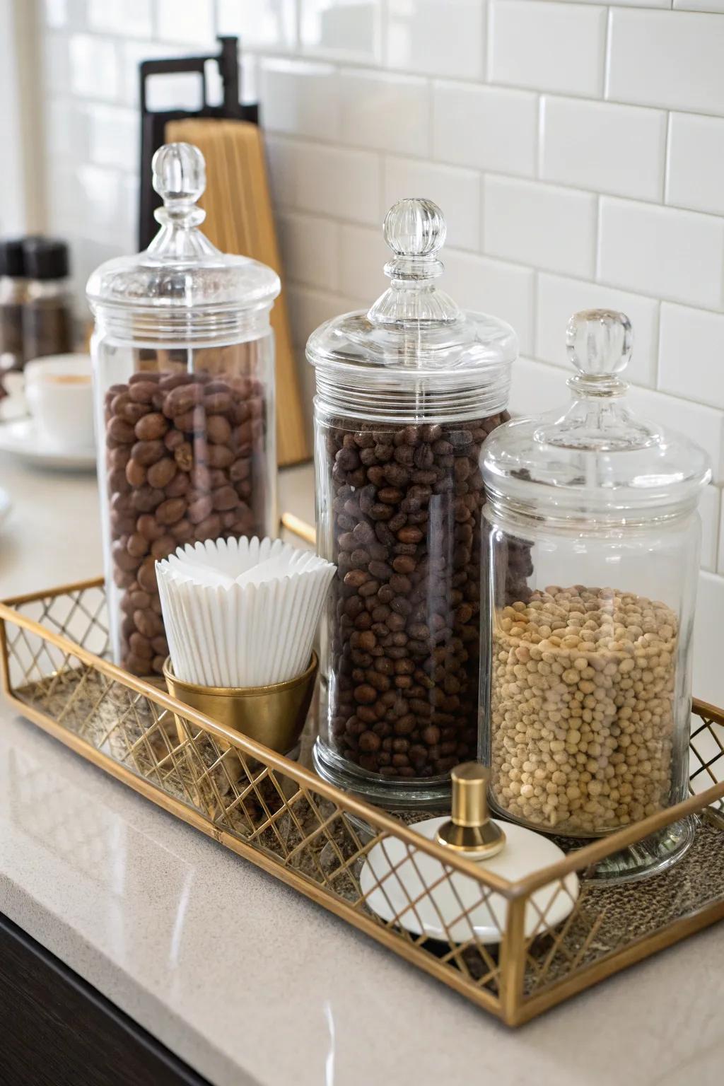 Elegant storage solutions keep your coffee station organized and stylish.