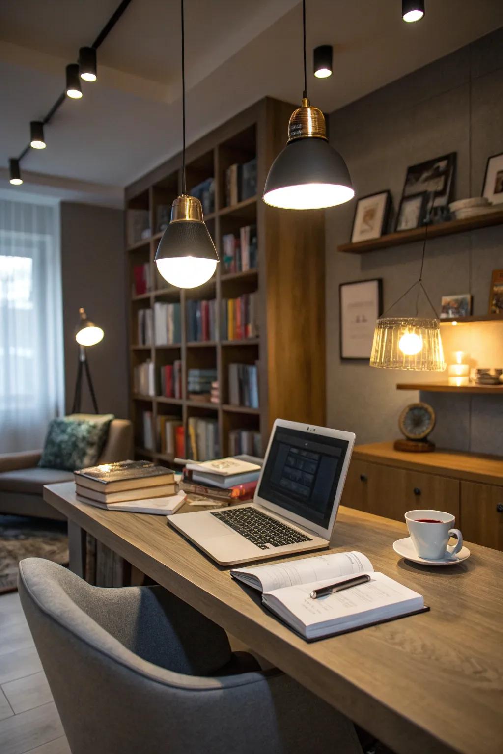 Mixing lighting styles provides flexibility and depth to your home office ambiance.