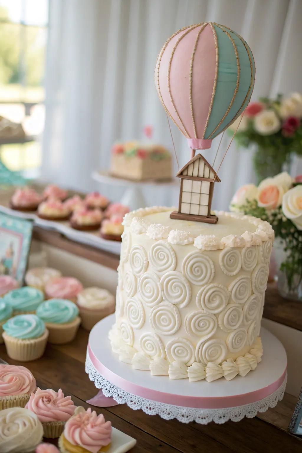 A charming cake adorned with a hot air balloon topper.