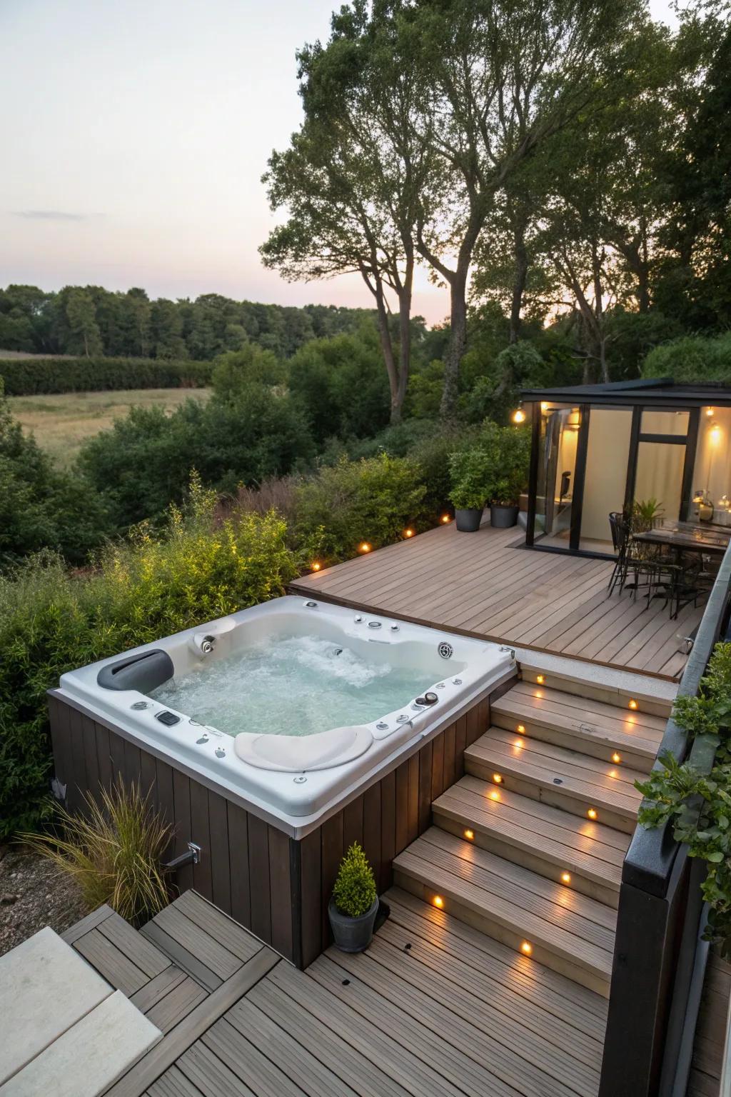 A built-in hot tub seamlessly integrated into the deck.