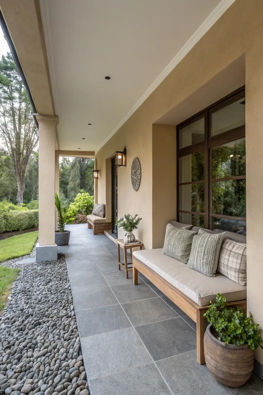 Neutral colors blend seamlessly in this modern porch design.