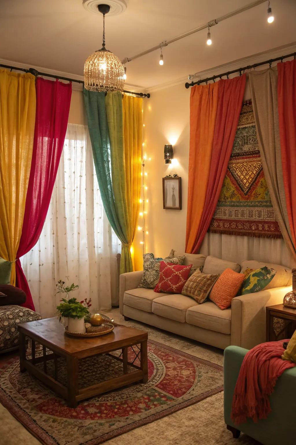 Add warmth and texture with colorful drapes and fabrics.