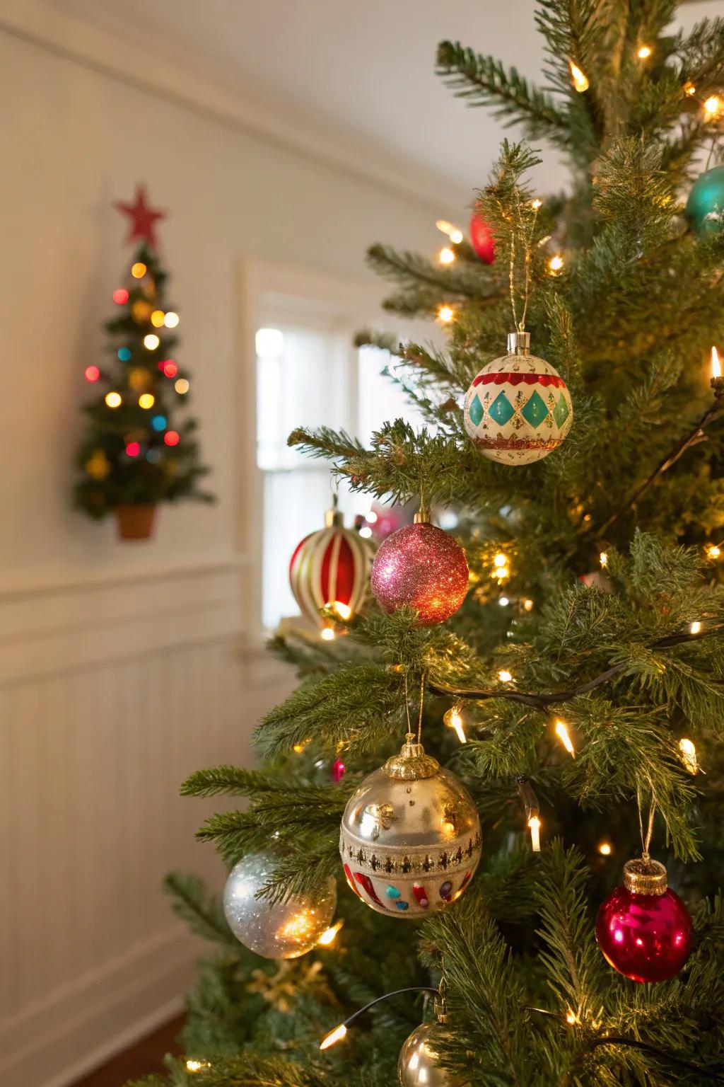 A nostalgic Christmas tree featuring a charming collection of vintage ornaments.