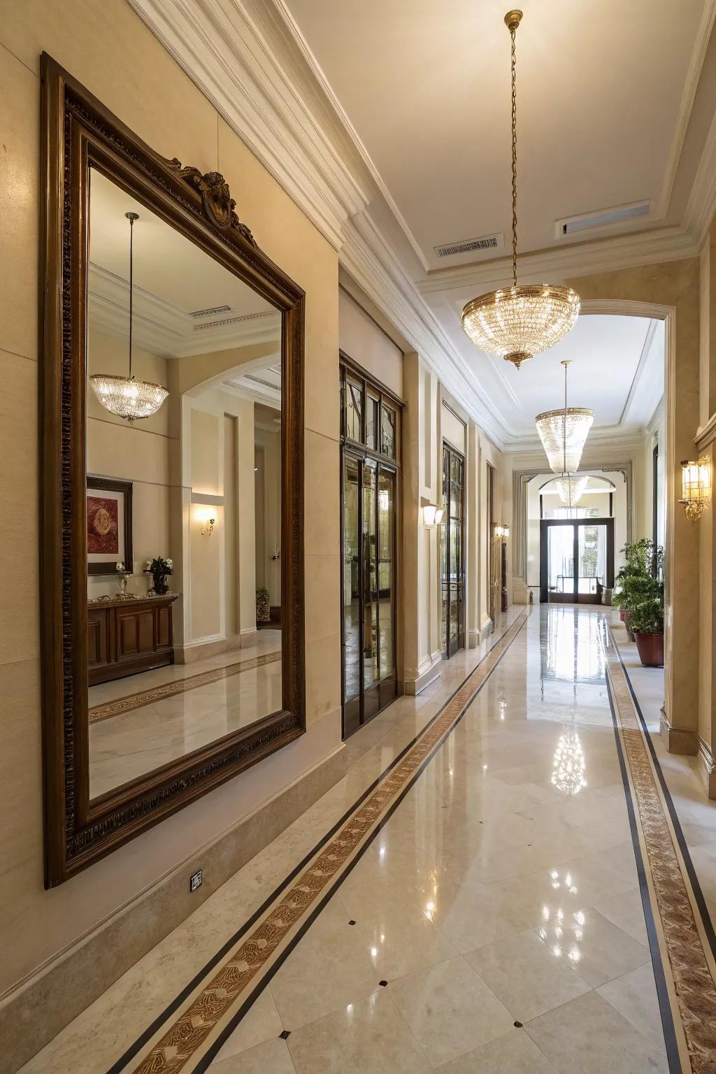 A hallway that appears larger with a strategically placed mirror.