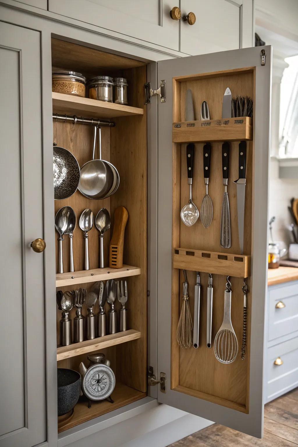 Cabinet door organizing making use of hidden spaces.