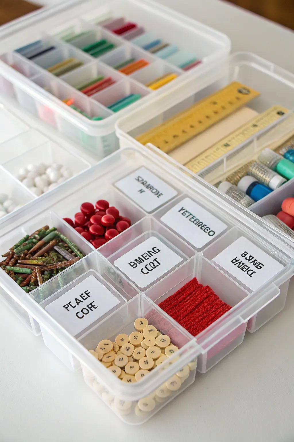 Plastic containers with labeled sections for organized storage.