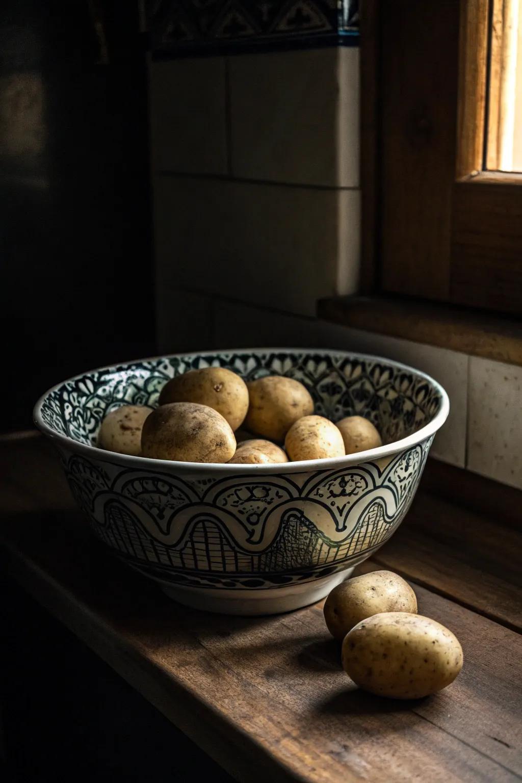 Elegant potato storage in a decorative ceramic bowl.