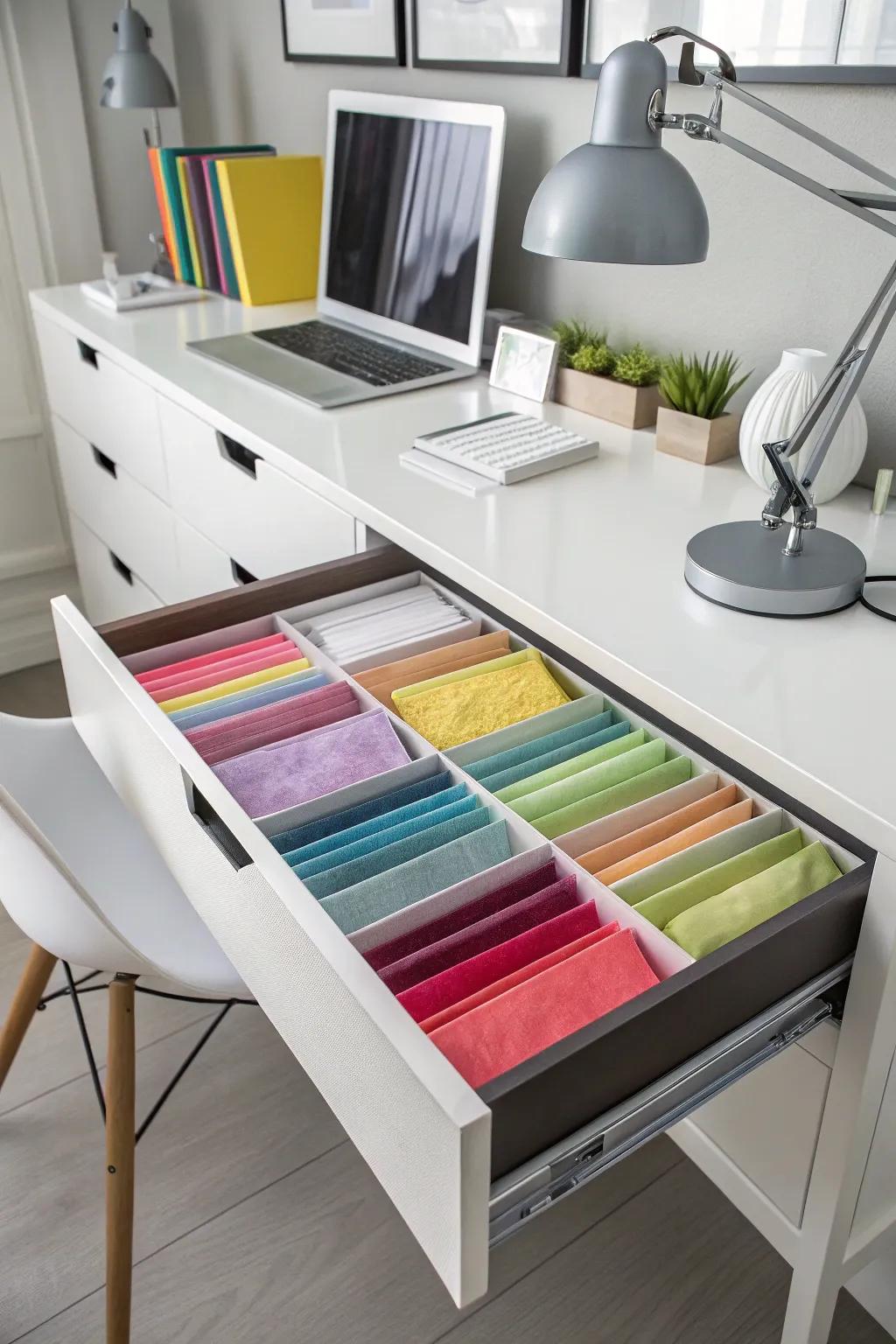 Drawer dividers provide organized and easy access to tissue paper.