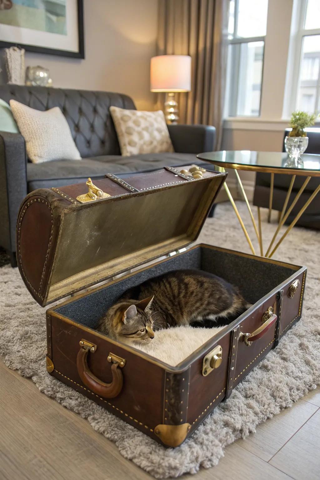 A vintage suitcase transformed into a unique cat bed.