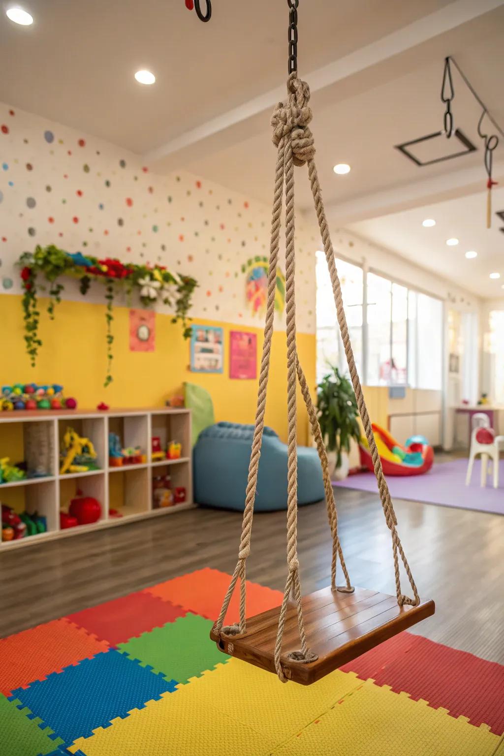 An indoor swing invites playful relaxation.