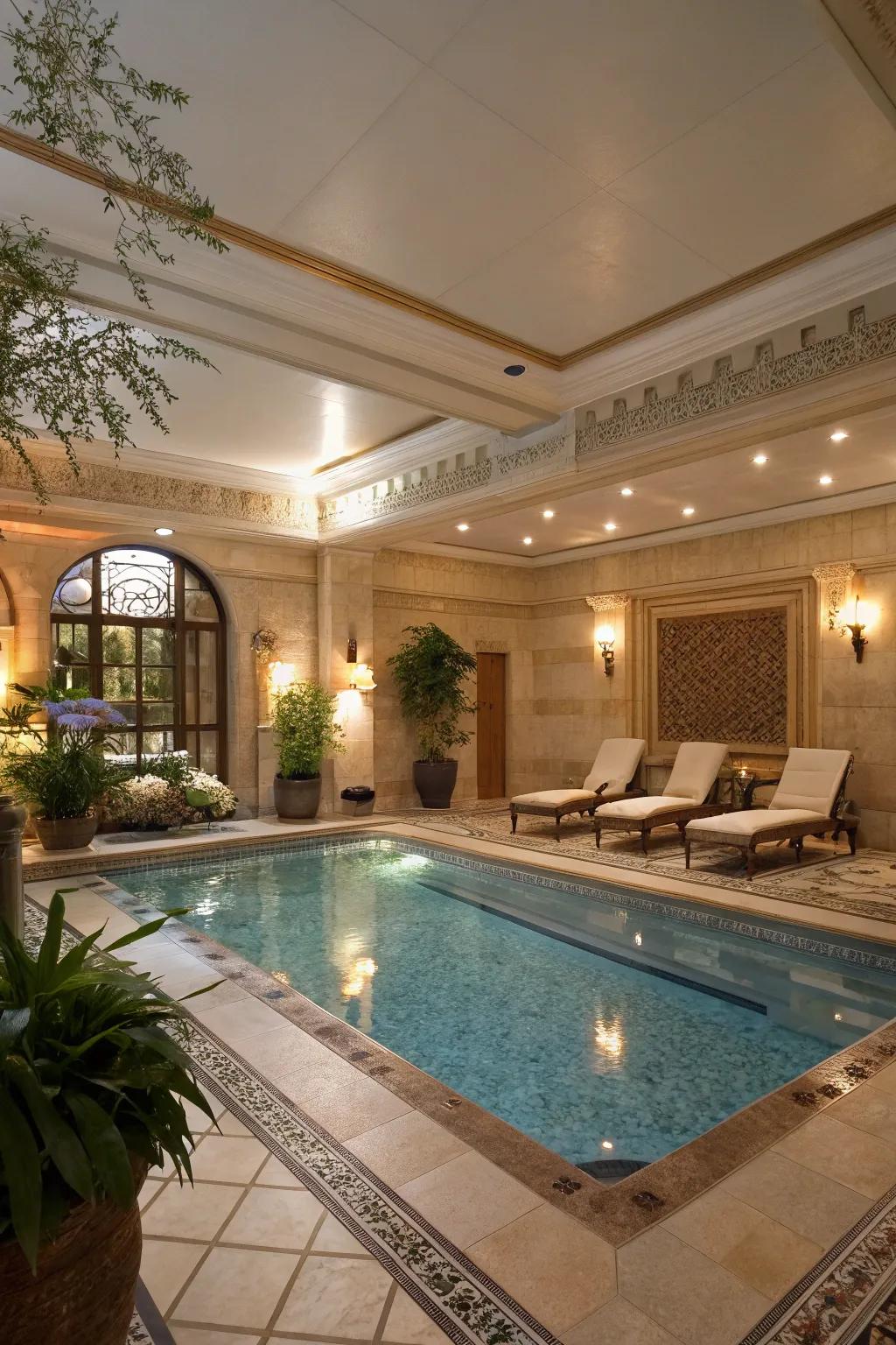 A compact indoor pool with luxurious design elements