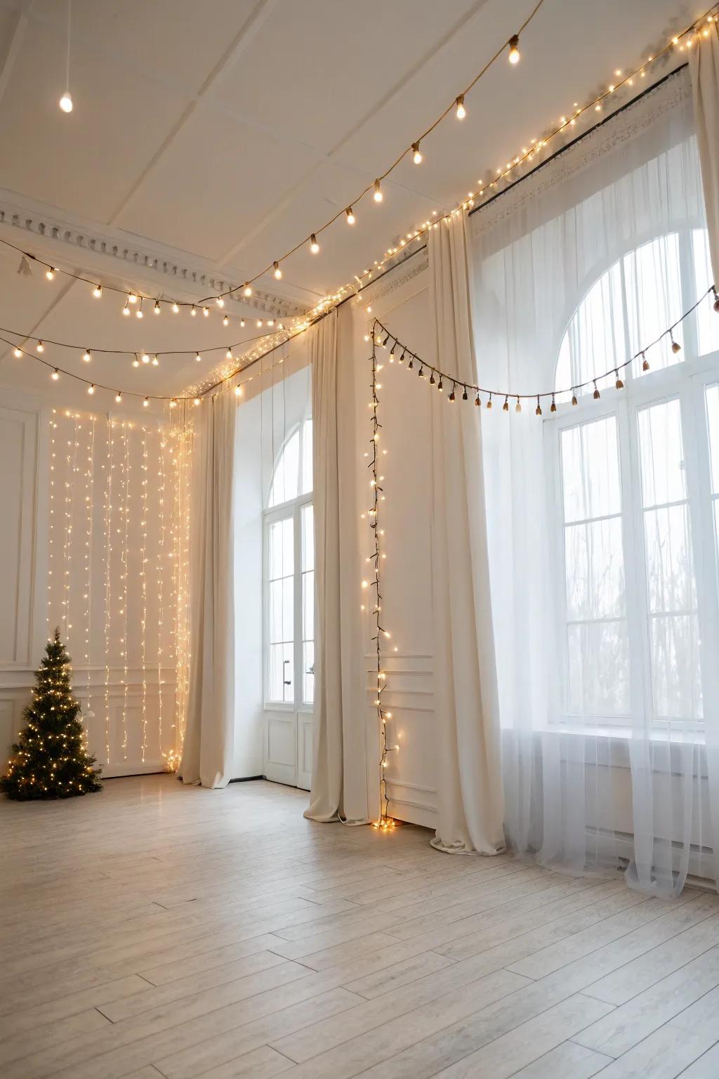 Enhance minimalist spaces with subtle string light integration.