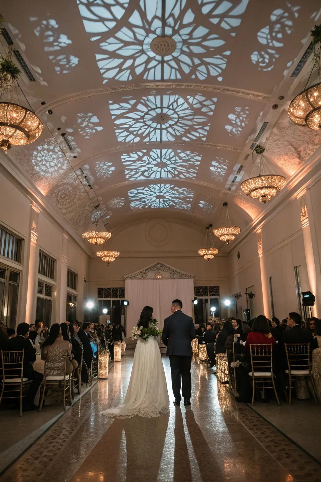 Ceiling installations adding drama and elegance to the wedding decor.