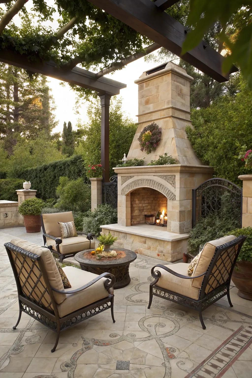 An outdoor fireplace serves as a cozy focal point for gatherings.