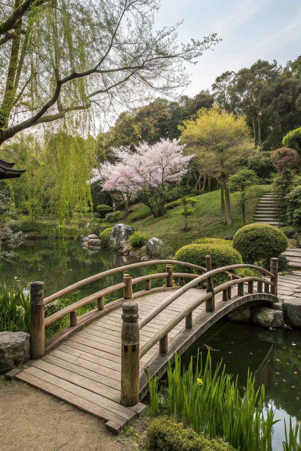 A rustic wooden bridge over a pond in a Japanese garden.