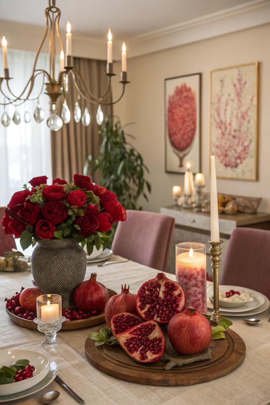 Pomegranate-themed decor enhancing a dining room's elegance.