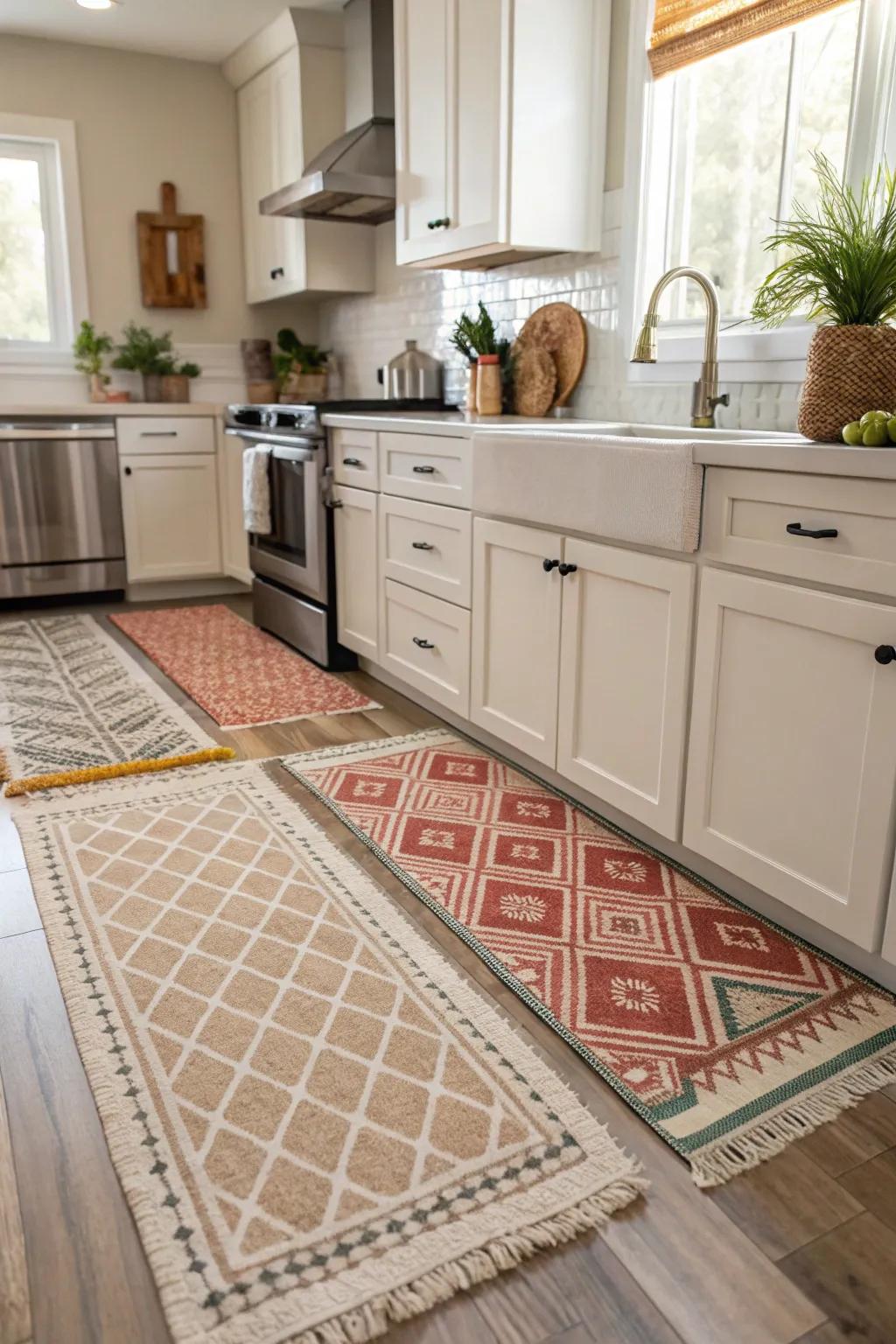 Layering rugs with different patterns adds depth and interest to your kitchen.