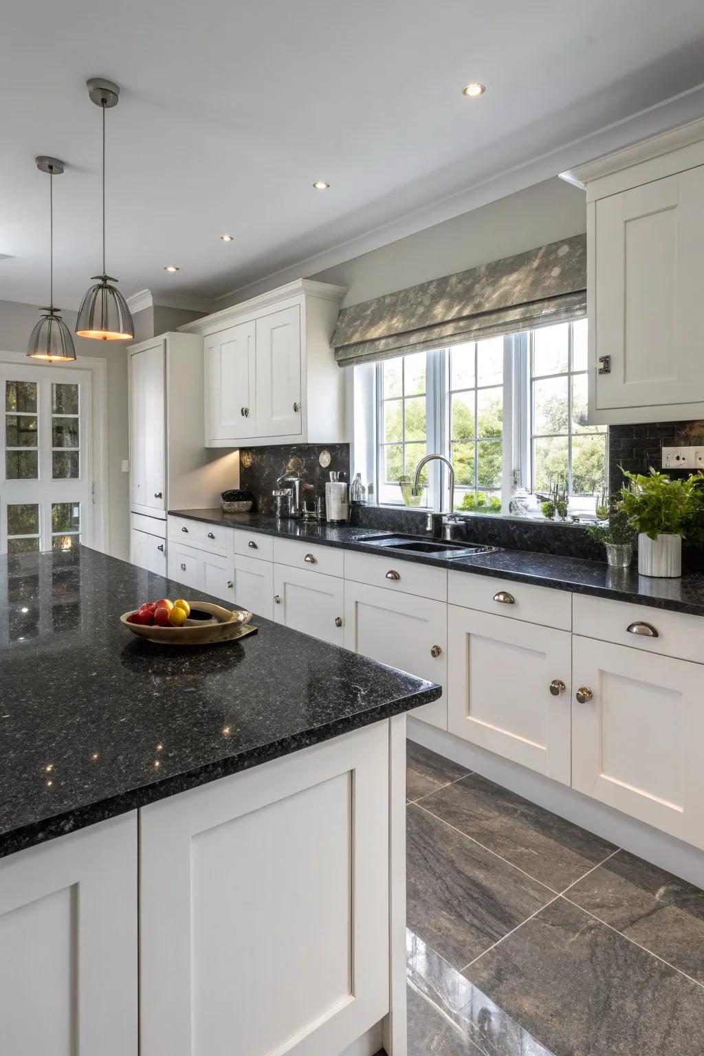 Dark worktops add drama and sophistication.