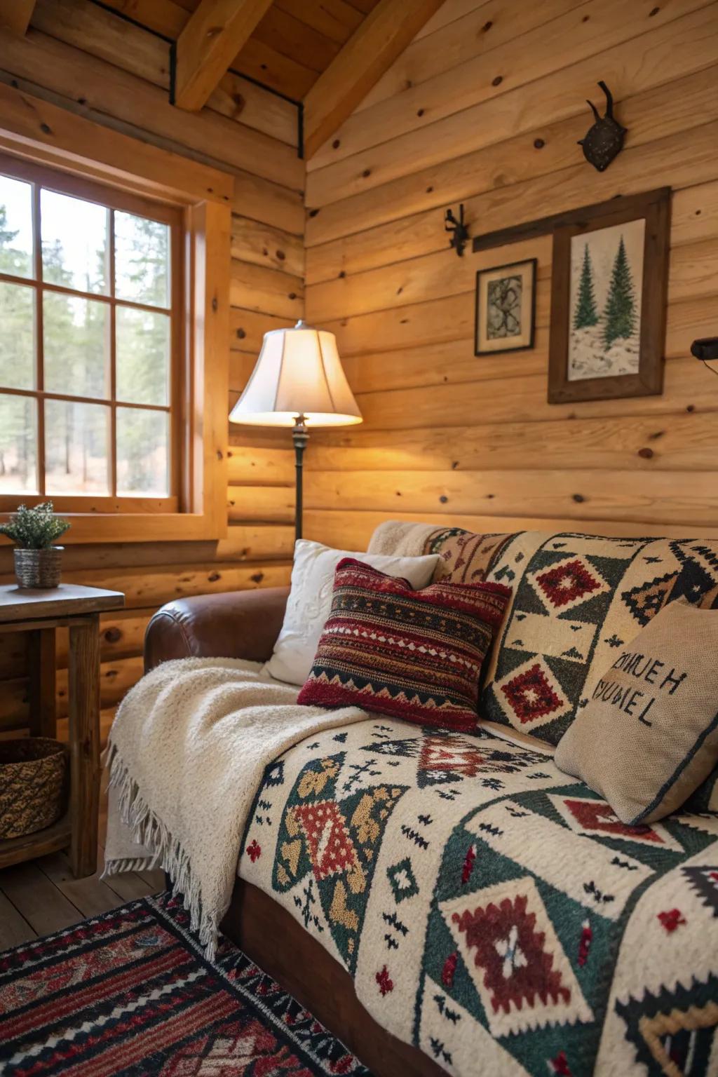 Patterned textiles and throw pillows adding texture to the cabin.