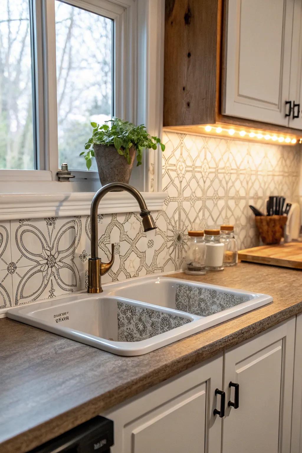 Practical laminate backsplash around the kitchen sink area.