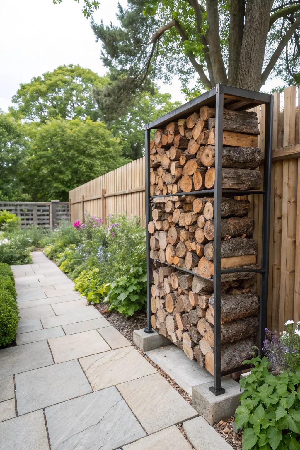 A timber firewood rack keeps wood organized and dry.