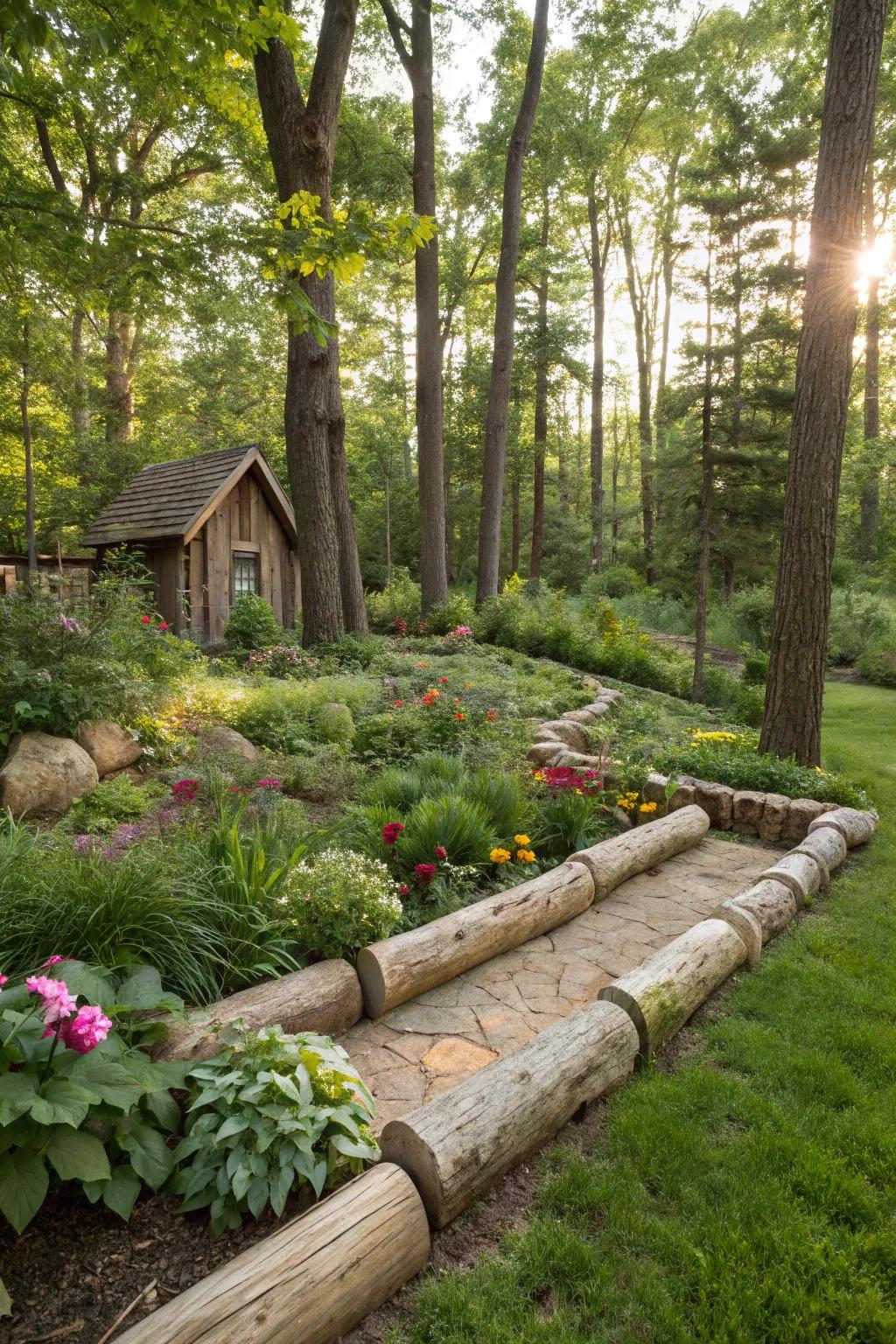 Logs used as natural borders in a forest garden.