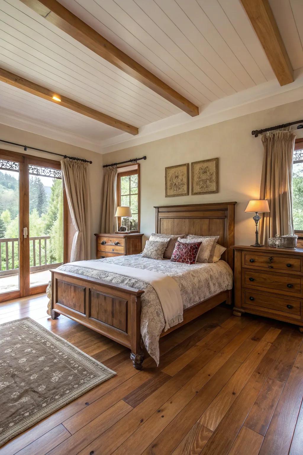 Wood accents bring warmth and character to this spacious bedroom.