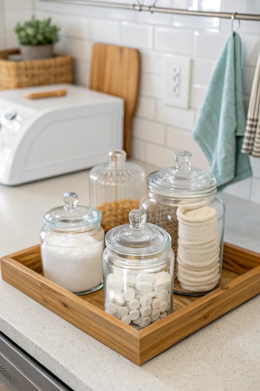 A wooden tray helps create an organized countertop display.