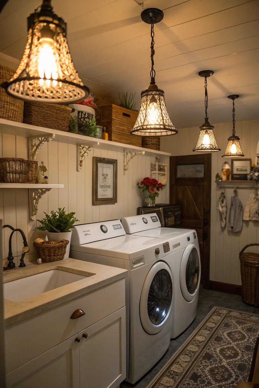 Vintage lighting fixtures infuse your laundry room with character and warmth.