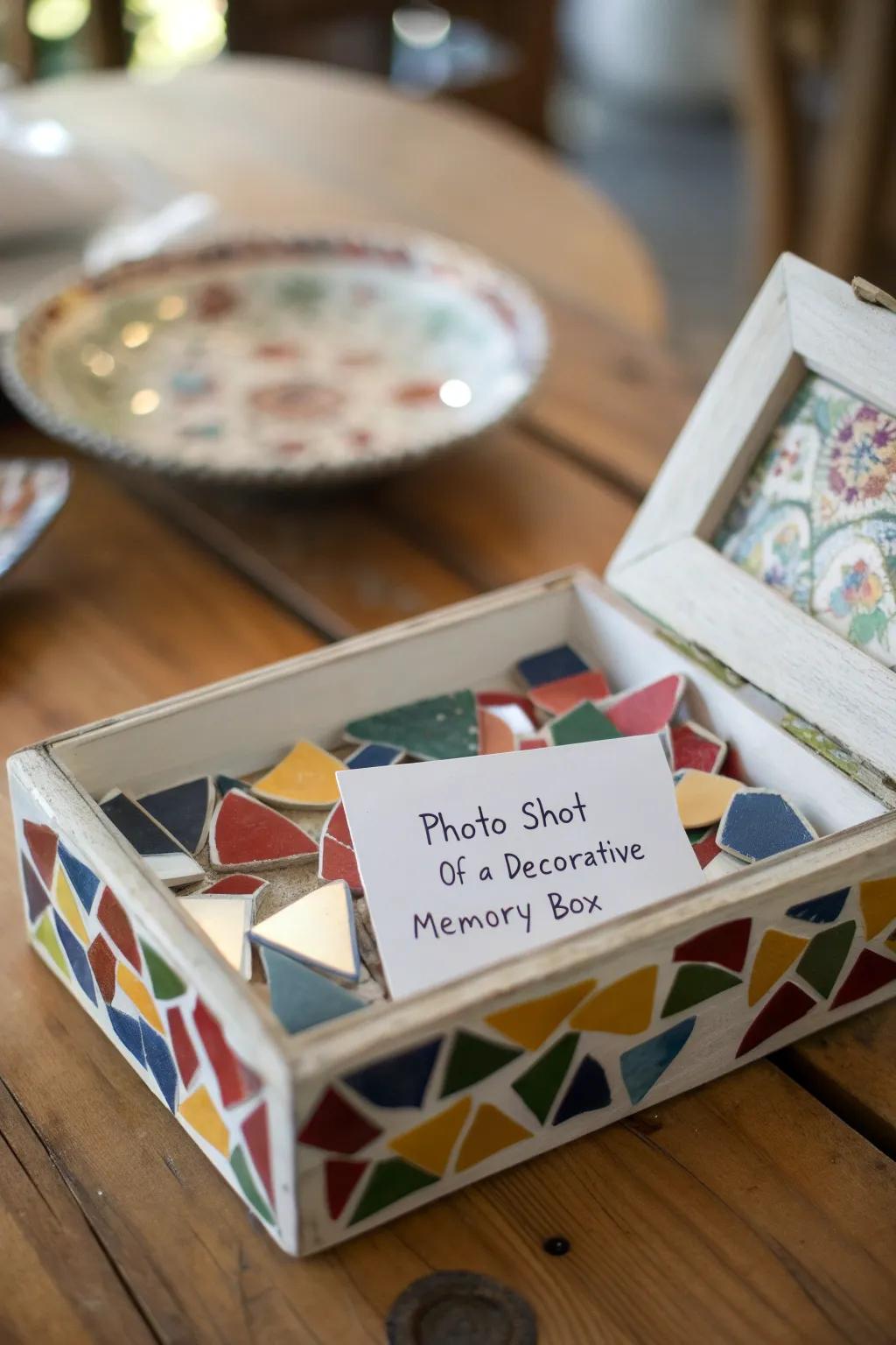 A memory box filled with broken plate pieces and notes.