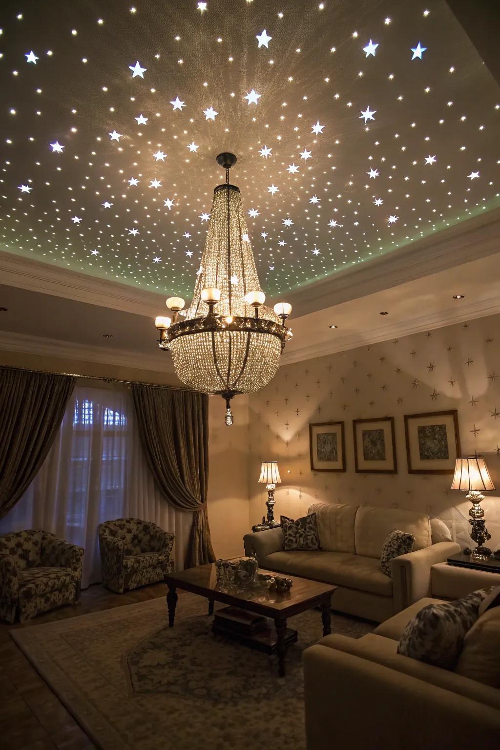 Celestial chandeliers enchant with a starry effect.