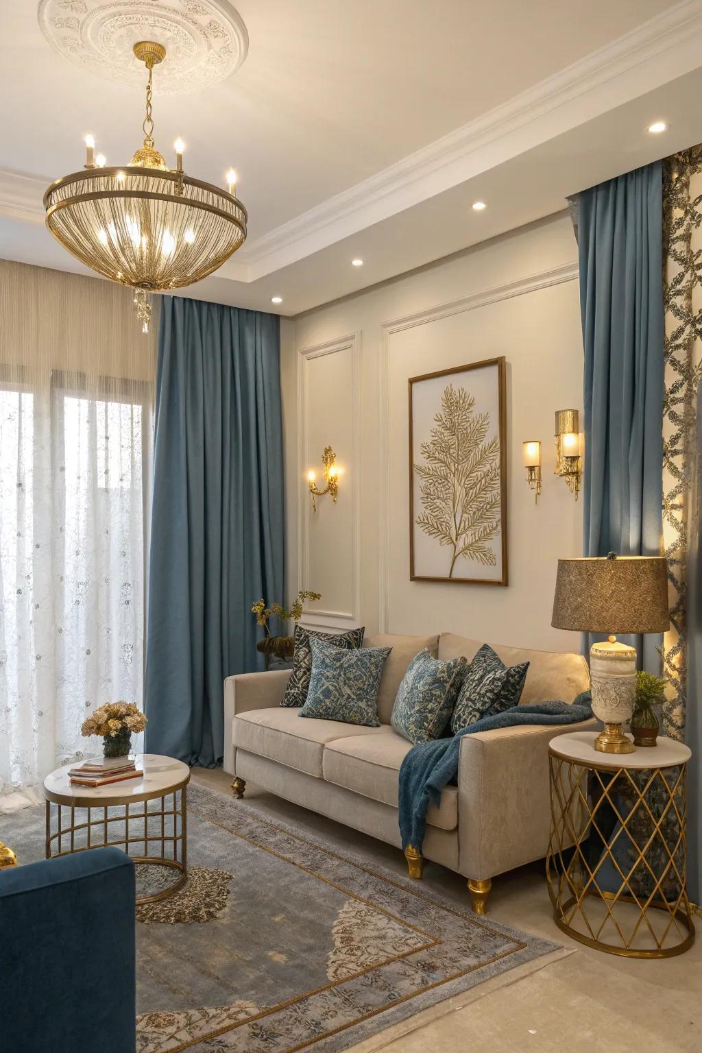 Metallic accents, like gold, elevate the elegance of blue curtains, adding a luxurious touch to the room.