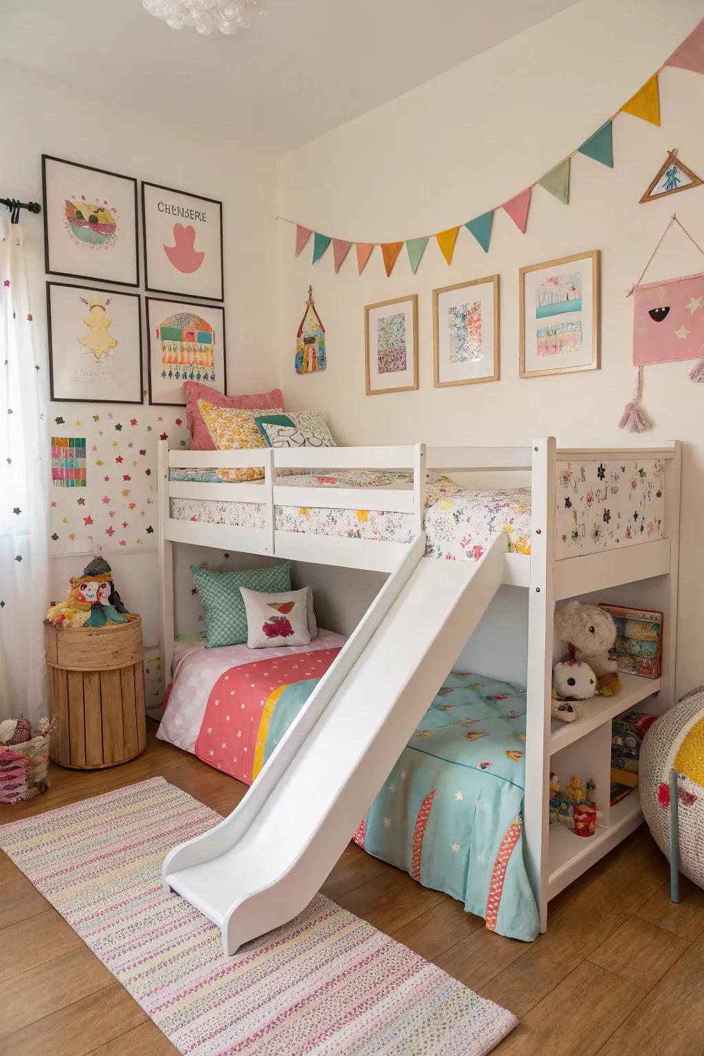 A loft bed with a slide adds fun and functionality to a child's room.