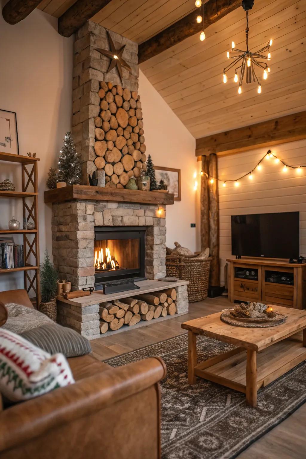 Logs enhancing the cozy feel around a fireplace.