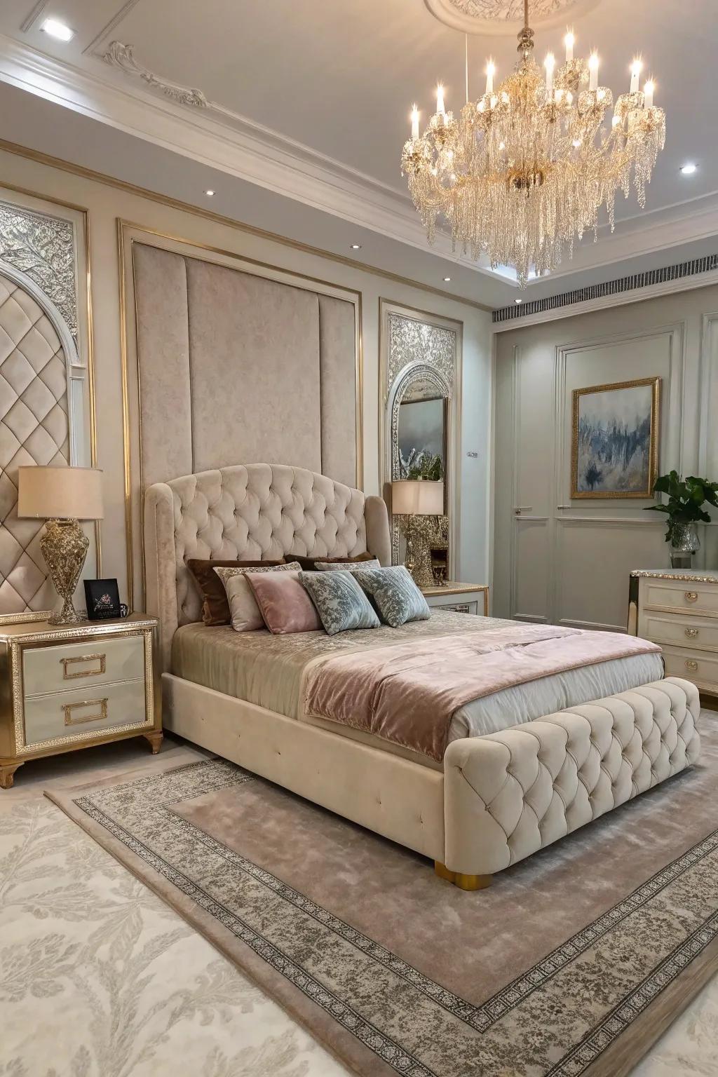 A luxurious bedroom featuring statement pieces as focal points.