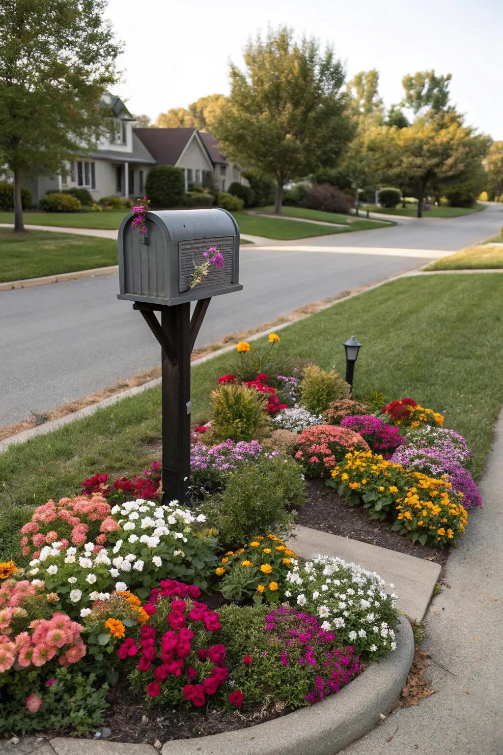 Color coordination between flowers and mailbox creates a cohesive appearance.