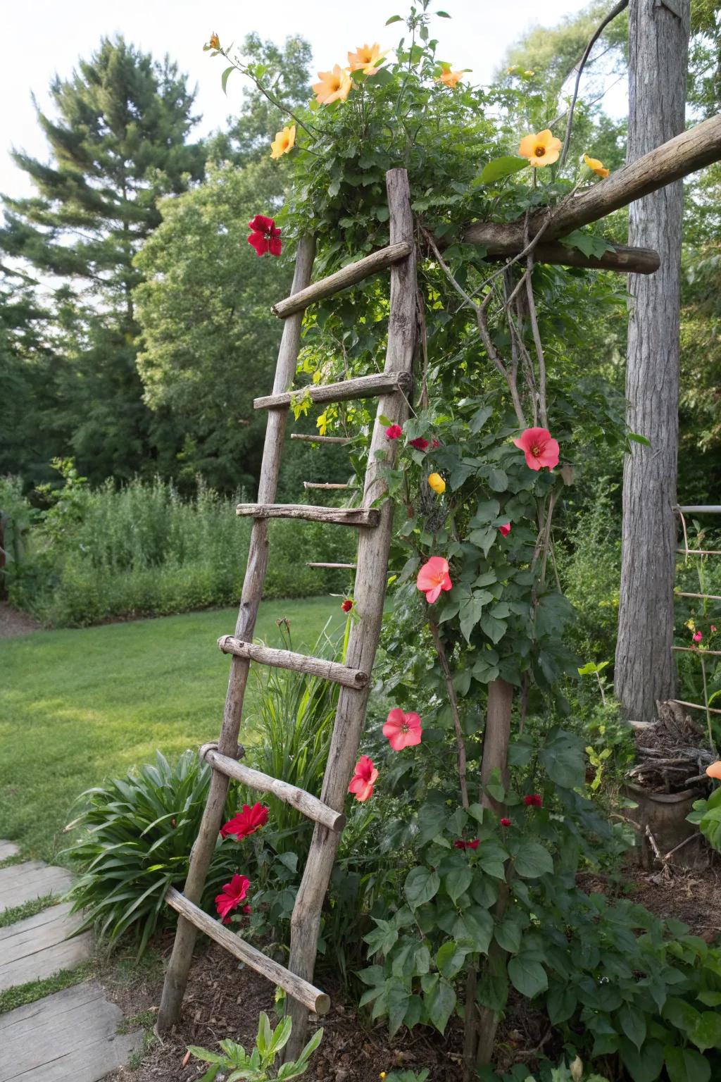 A rustic branch trellis offers a natural and sustainable way to display mandevilla.