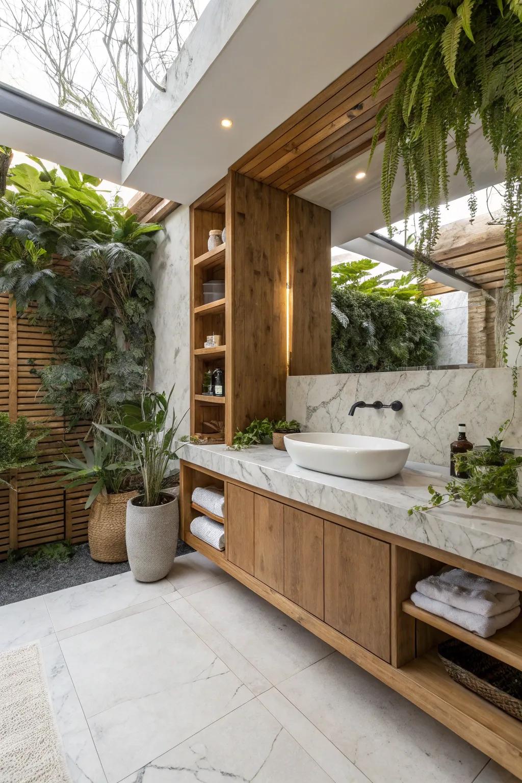 Natural elements like wood and plants complement the marble's coolness.