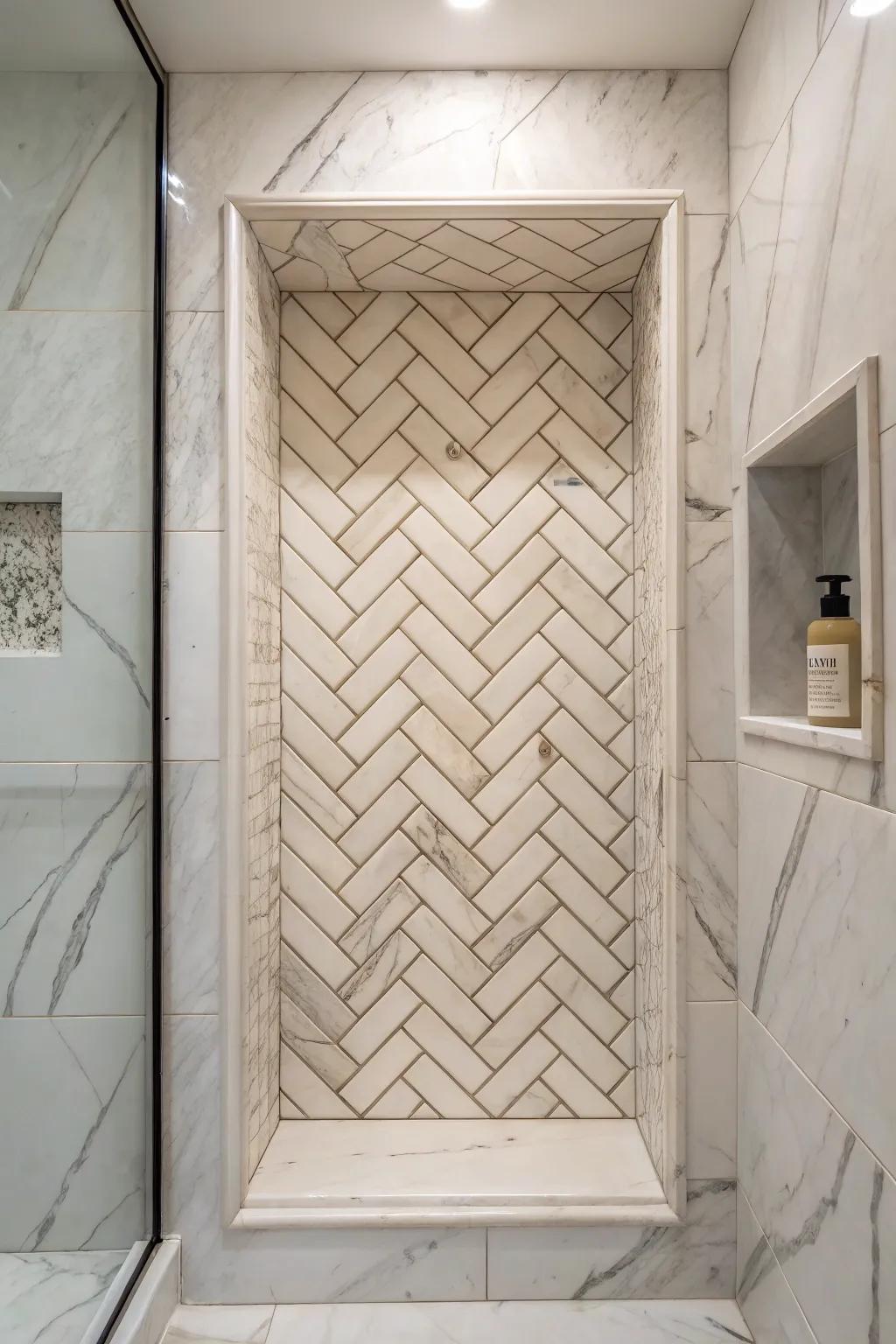 Herringbone tiles add dynamic movement within a marble niche.