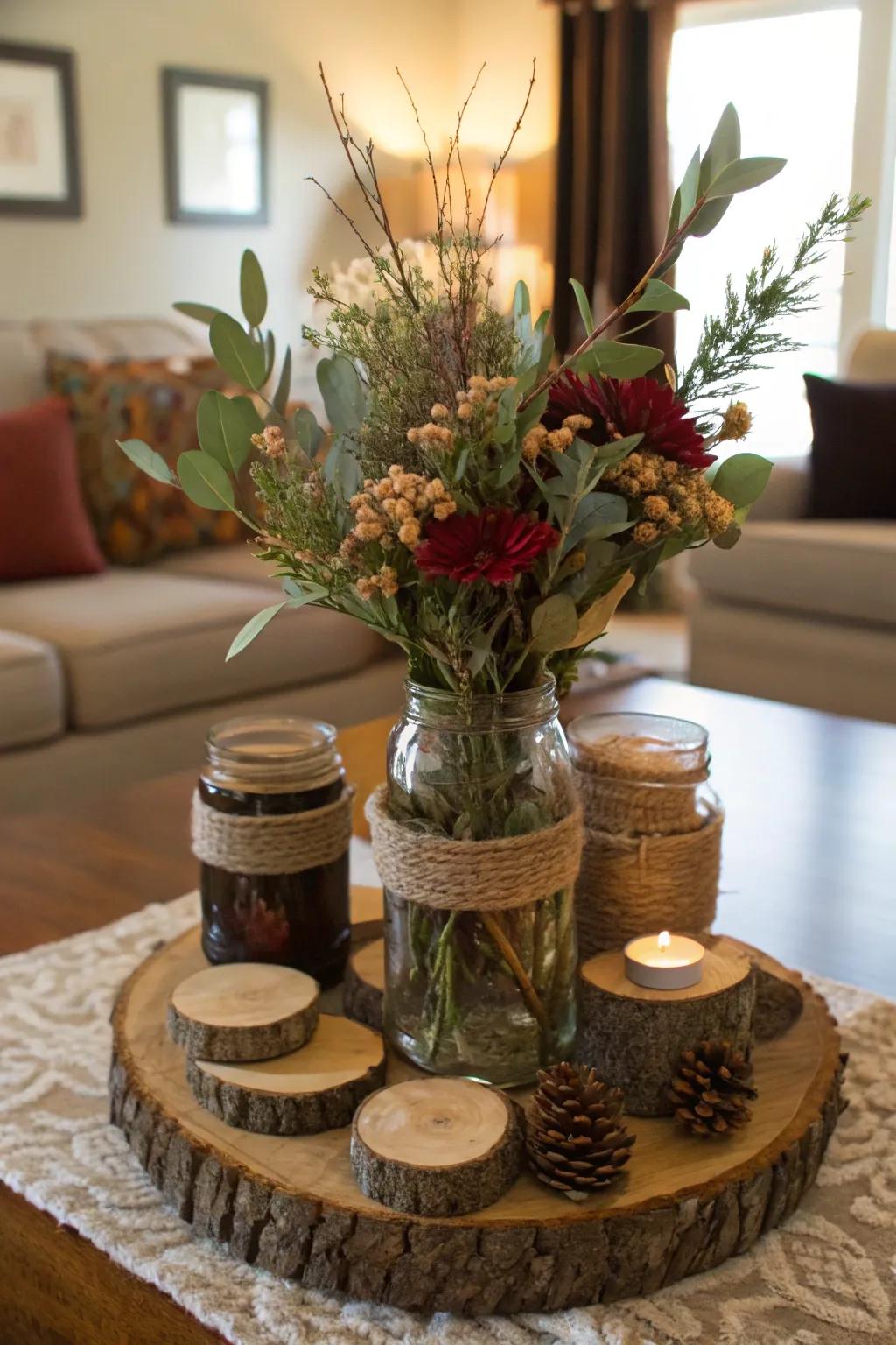 Add rustic charm with mason jars and natural elements.