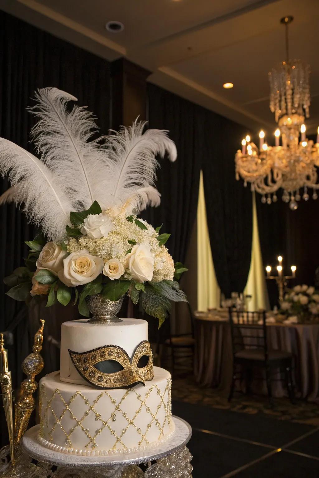 Feather accents adding drama and elegance to the decor.