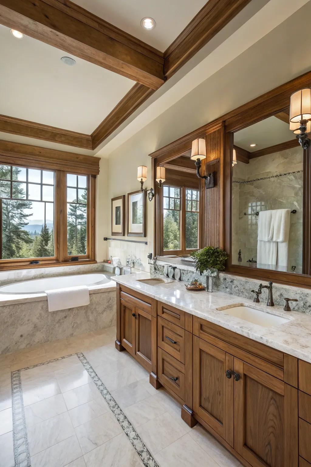 Luxurious bathroom with marble countertops and rich wooden accents.