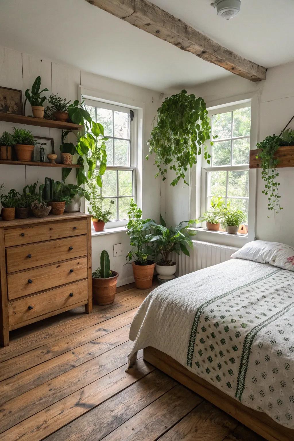 Refreshing touch of greenery in a farmhouse bedroom