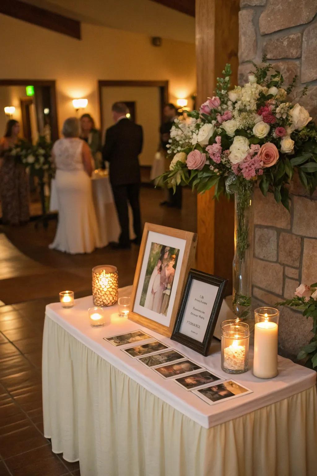 A thoughtfully placed memory table invites guests to reflect and remember.