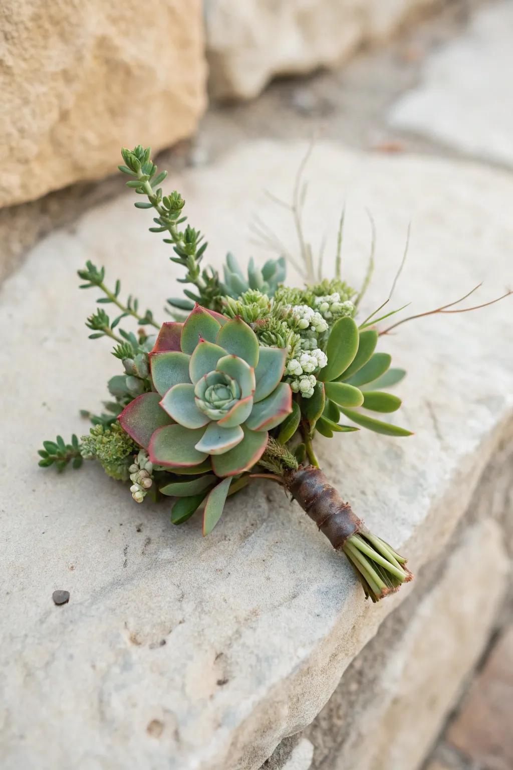 A succulent boutonniere offers a modern and unique look.