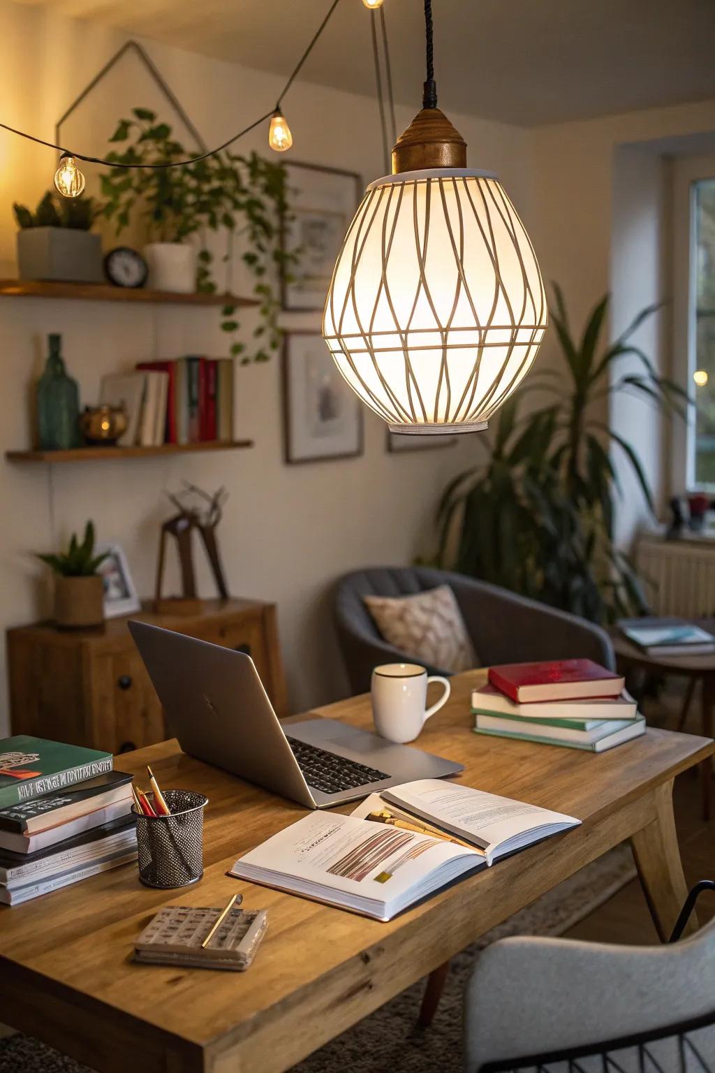 A mid-century modern pendant light enhances the office's aesthetics and functionality.