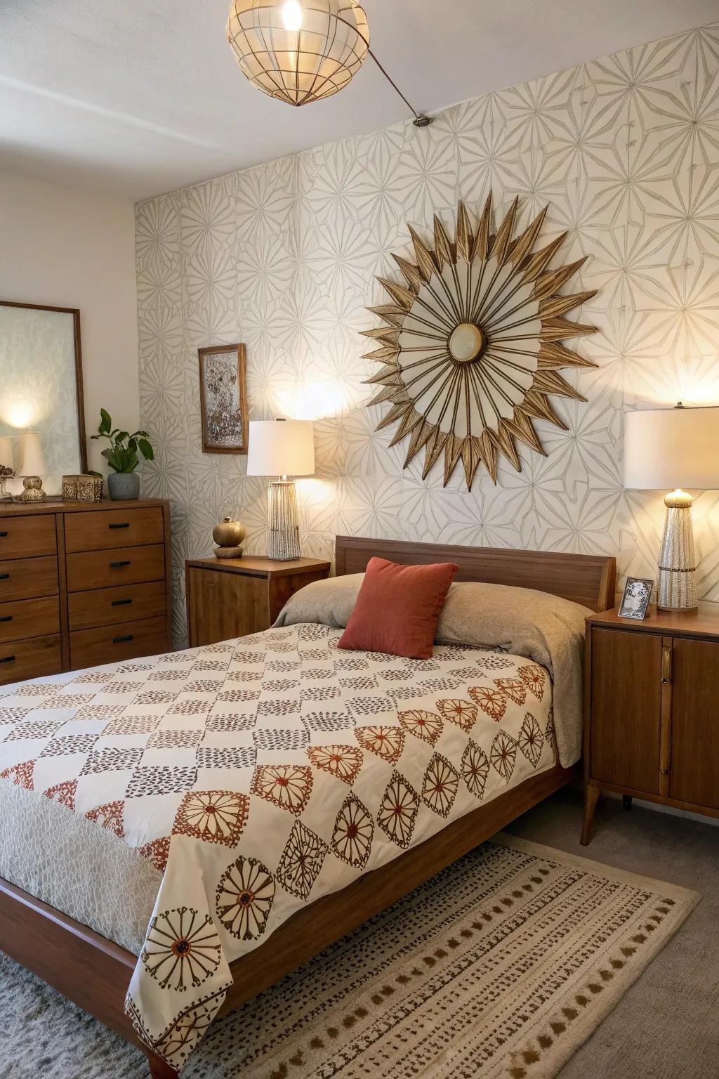 A mid-century modern bedroom featuring vintage decor elements and a starburst mirror.