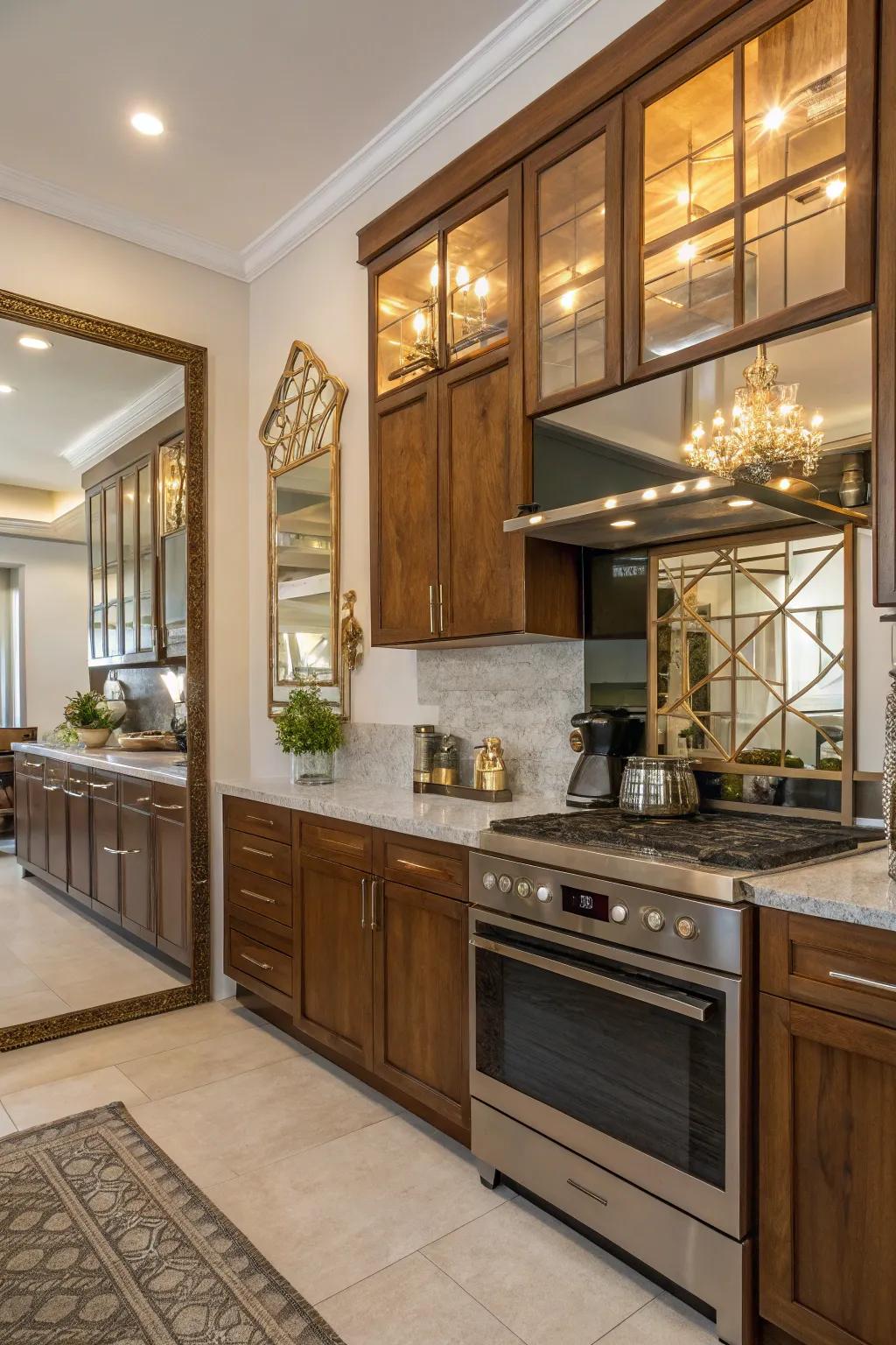 A mix of mirrors with wood and metal for a textured, inviting kitchen.