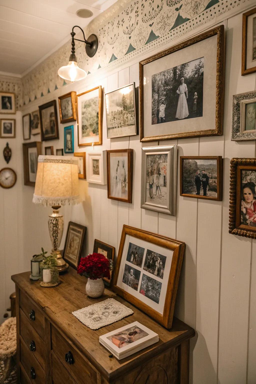 Personal items add warmth and meaning to the gallery wall.