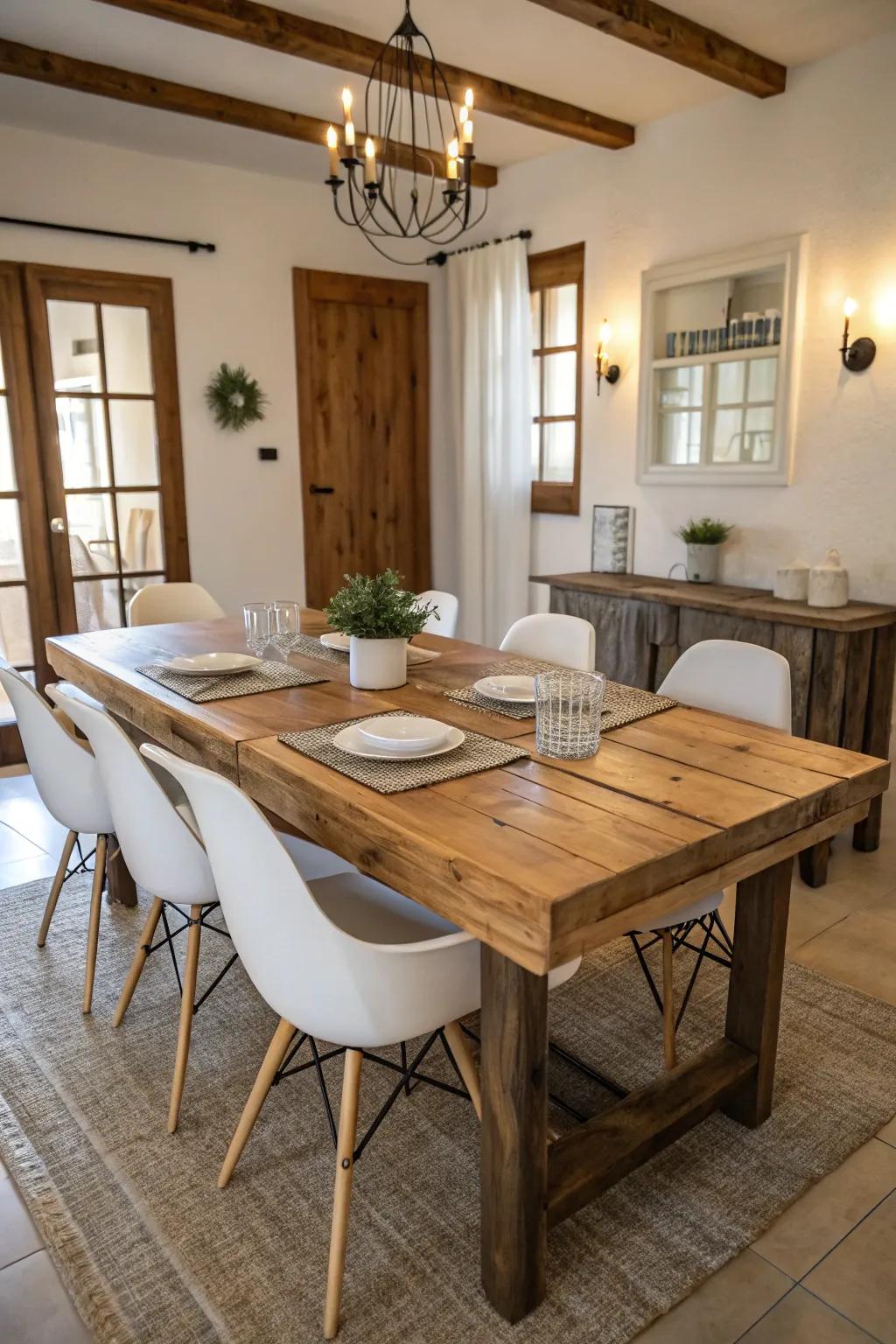 Modern furnishings harmonize with rustic elements in this farmhouse dining area.